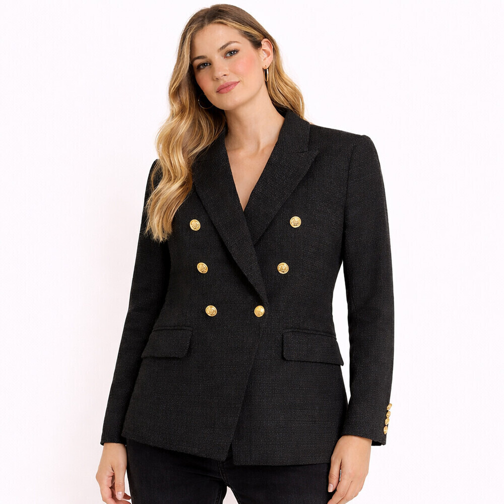 H&M Black Tweed Boucle Double Breasted Gold Button Blazer Jacket Size M